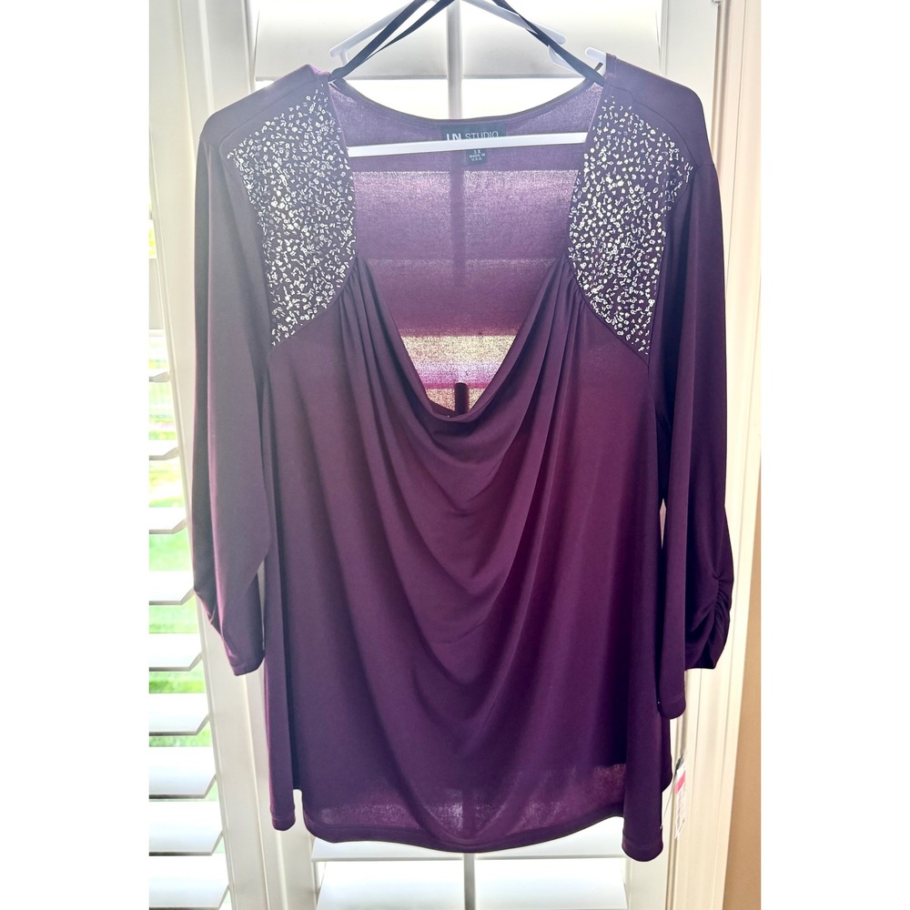 IN Studio Woman 3X Eggplant Purple Sequin Cowl Neck Blouse NWT 444G83